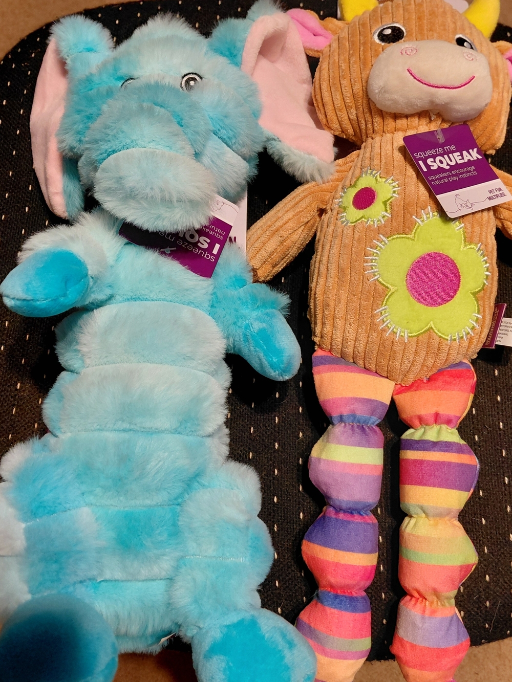 Multipet International Squeeky Dog Toy Lot Blue Elephant & Rainbow Cow Large New